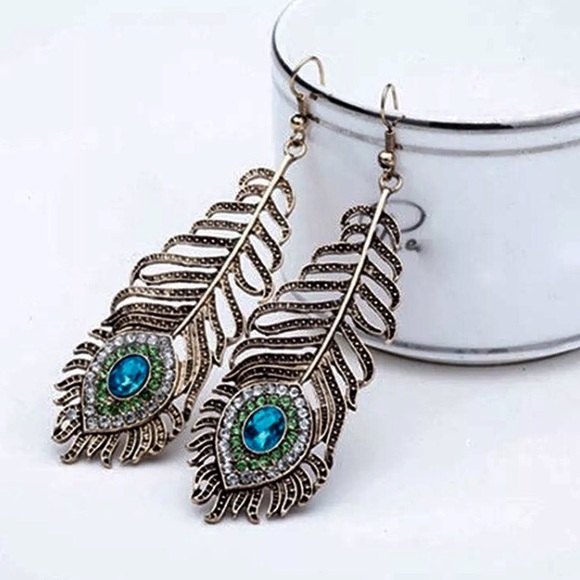 Antique Style Peacock Feather Earrings - Picture 2 of 8